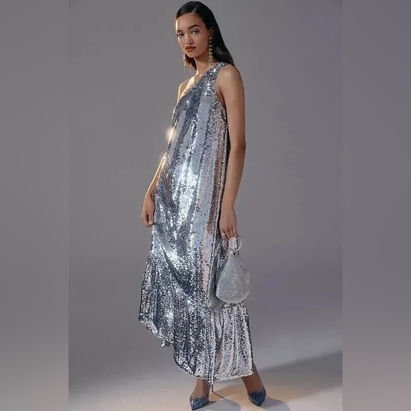 Maeve Dresses & Skirts - Anthropologie x Maeve One-Shoulder Sequin Silver Dress